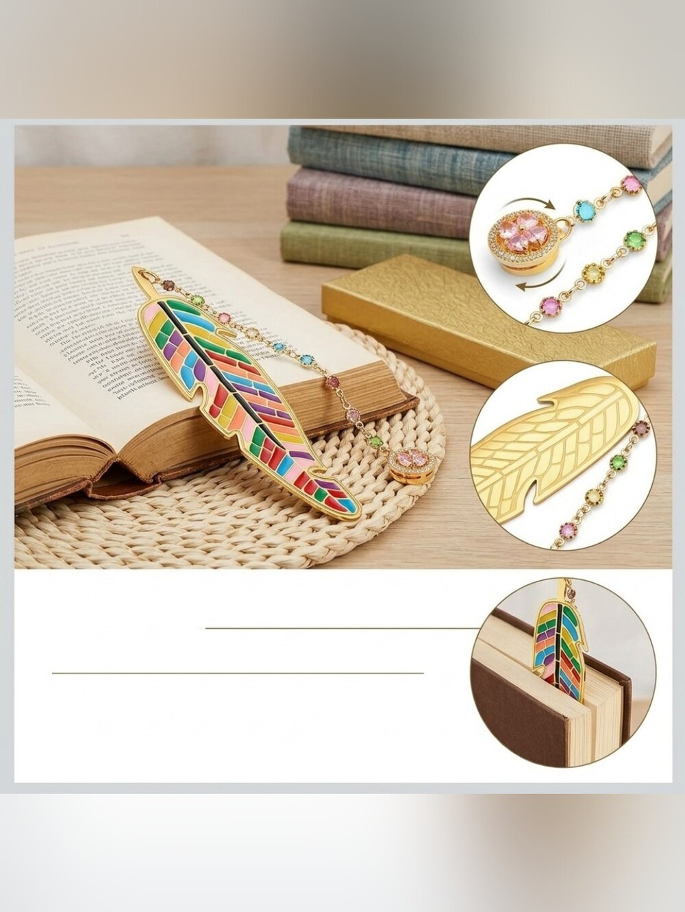 Nwt Boho Gold Plated Colorful Feather Bookmark Crystal Flower Pendant Charm Gift